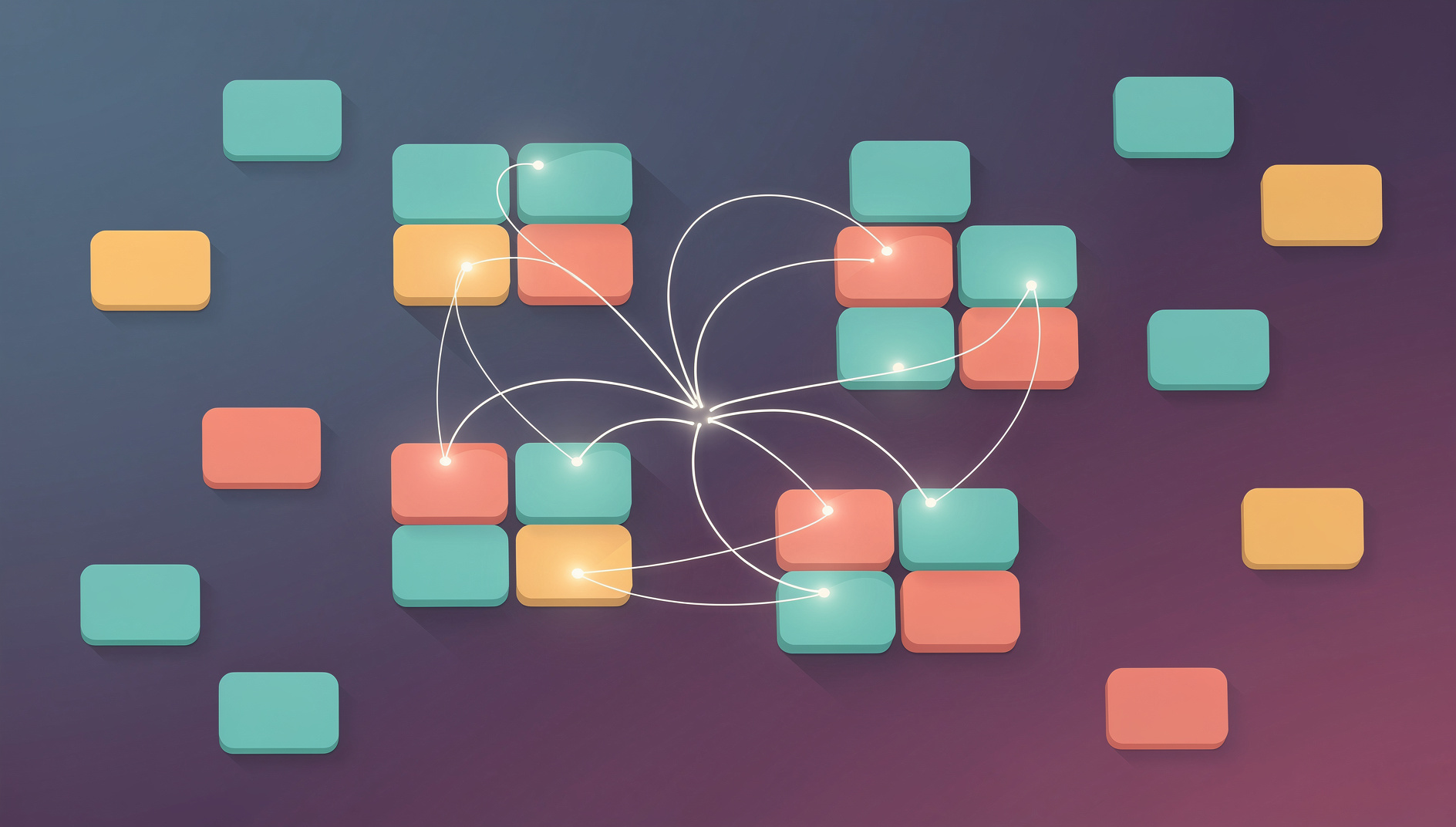 Abstract clusters of sticky notes being pulled into neat groups by glowing threads