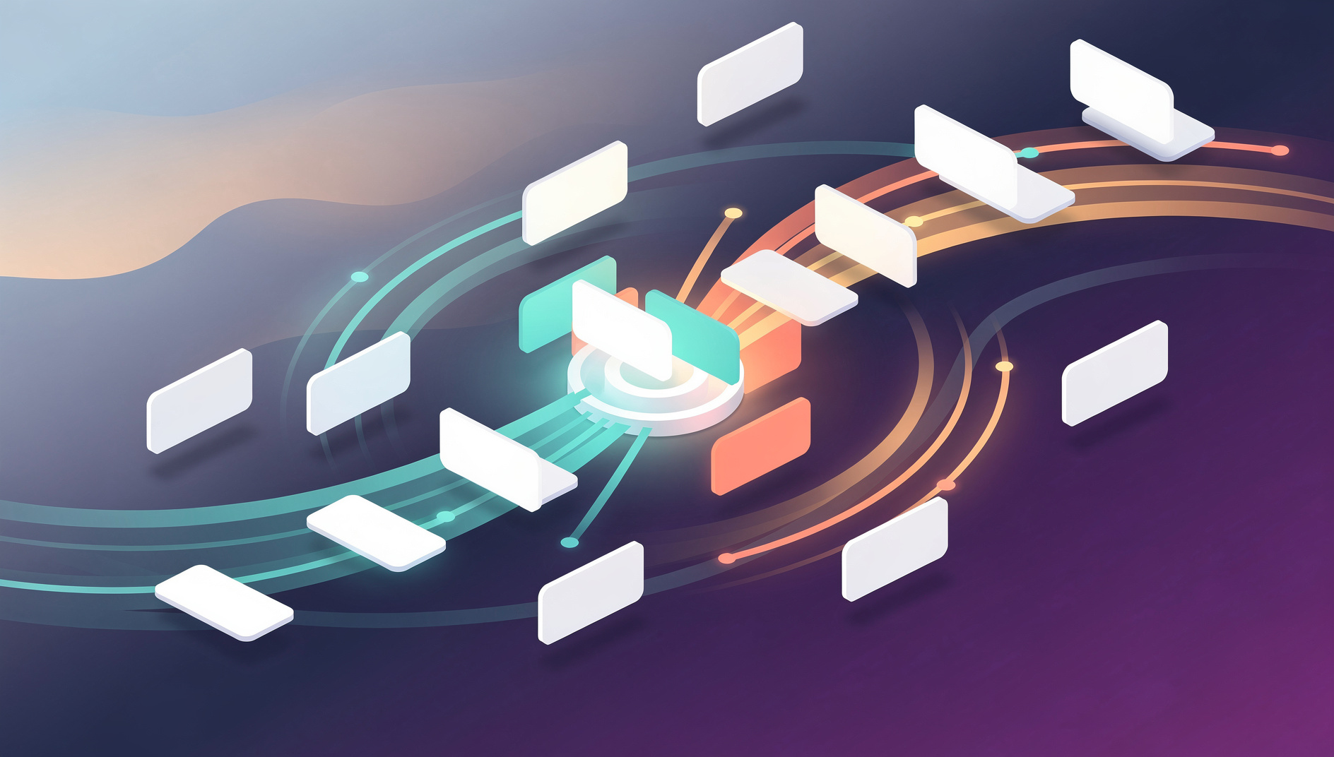 Isometric illustration of blank cards drifting along curved paths toward a central hub across a day-to-night gradient, representing a distributed team contributing to a shared board on their own schedule