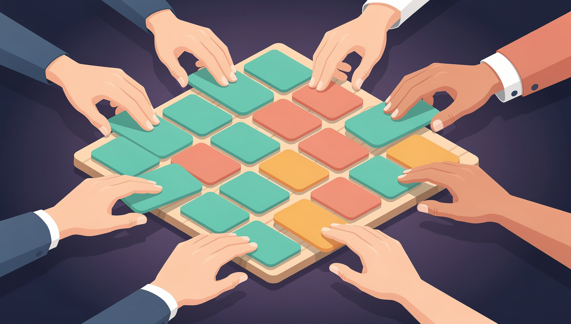 Many hands placing equal-sized blank cards onto a shared board, each contribution the same size