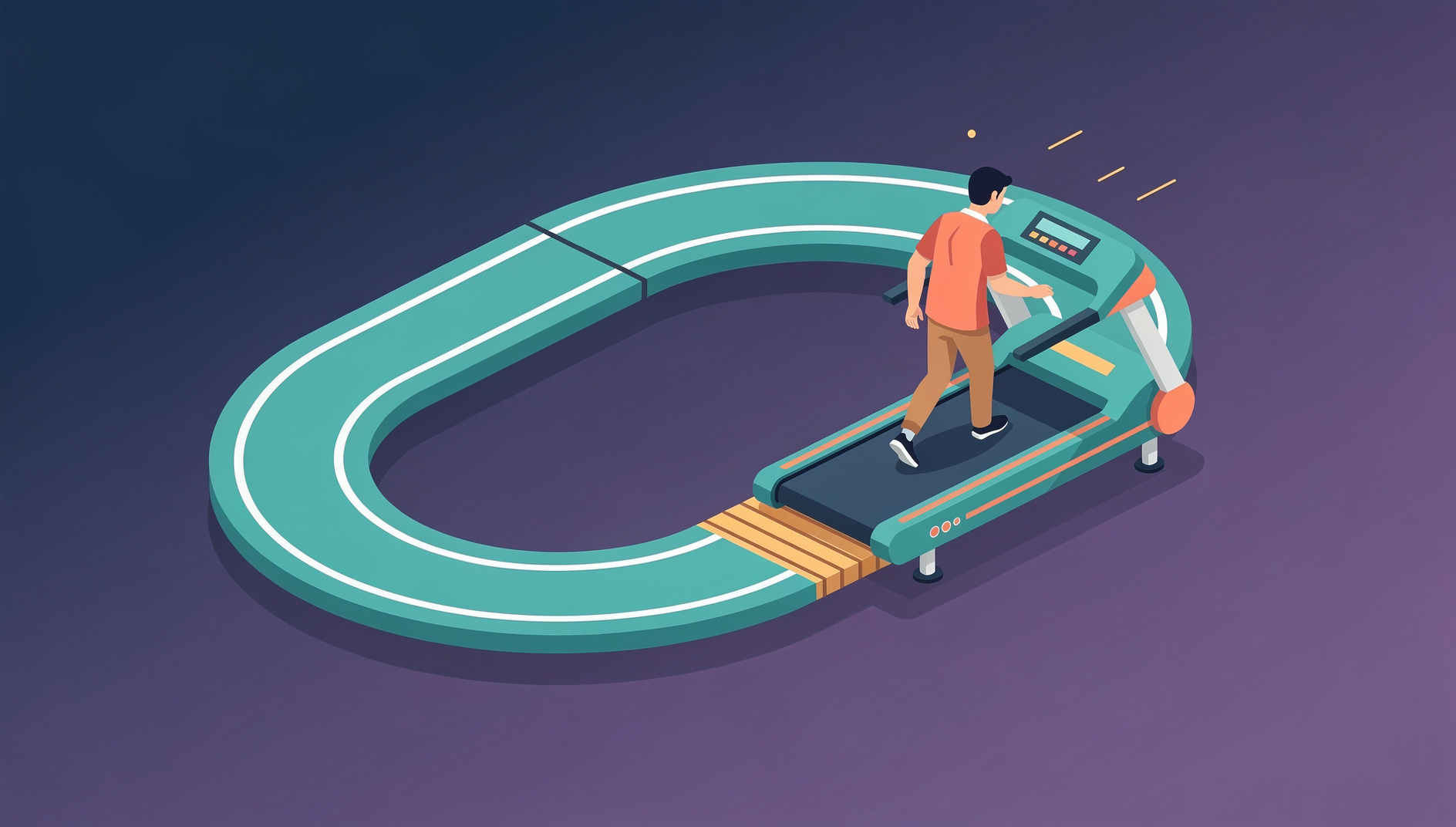 A figure walking on a treadmill whose belt loops back into itself, suggesting motion without progress
