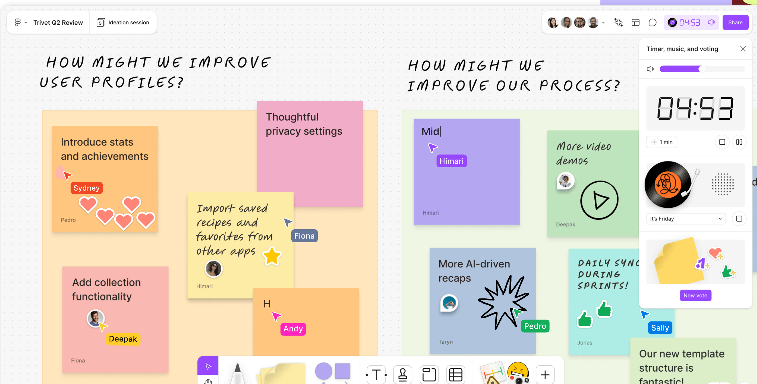 FigJam whiteboard with sticky notes, voting, and timer