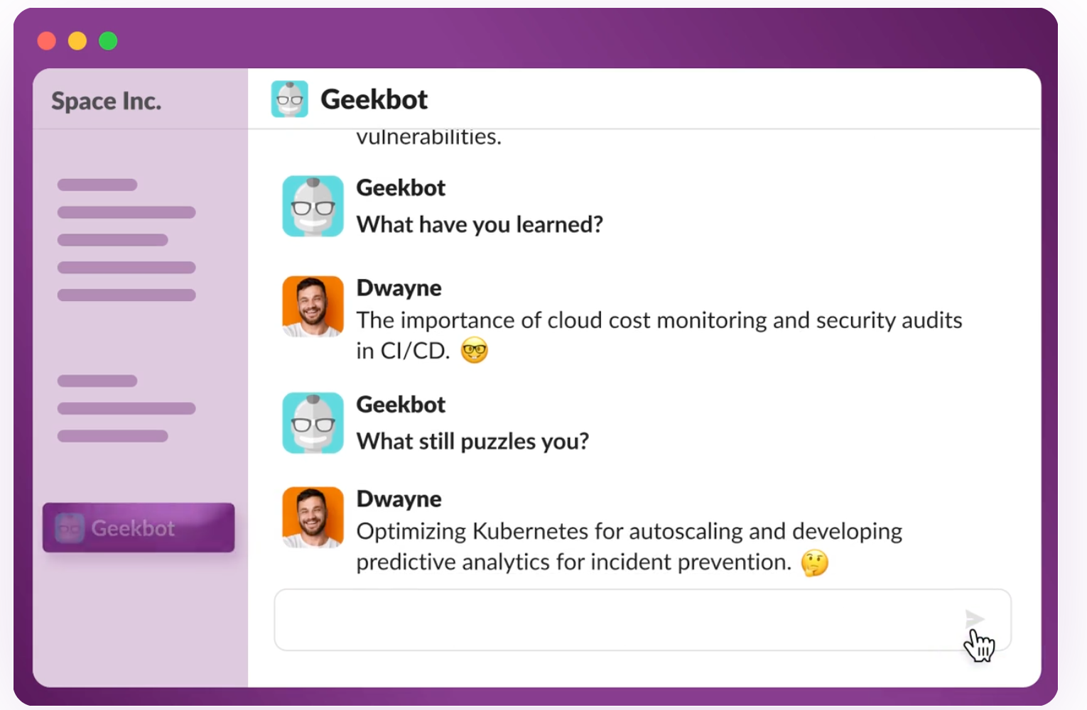 Geekbot running a retrospective inside Slack