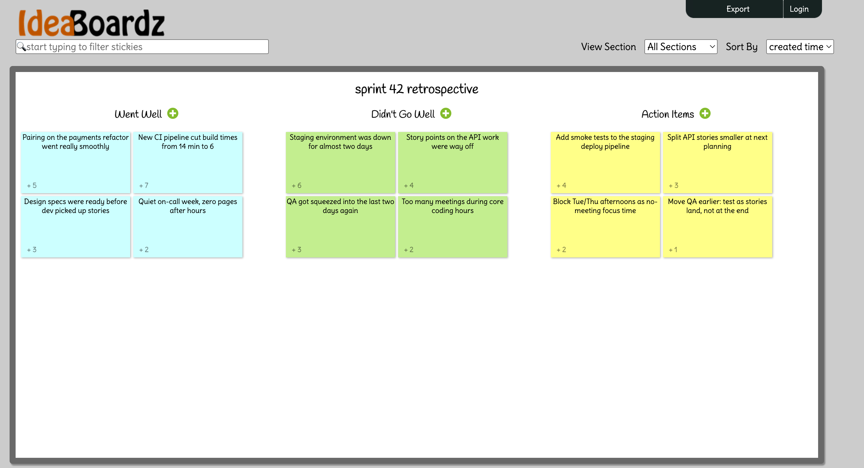 IdeaBoardz retrospective board with three sections