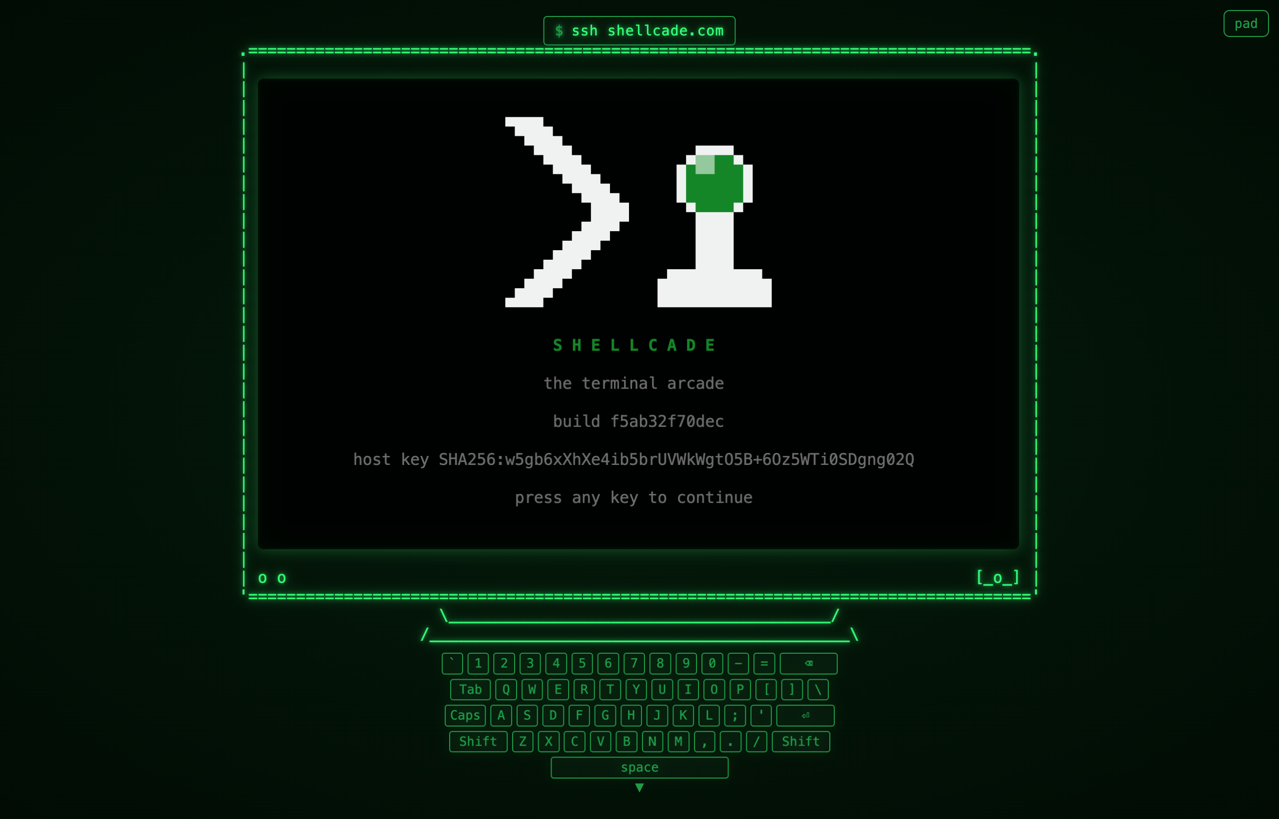 Shellcade's terminal arcade boot screen with its retro green interface and on-screen keyboard