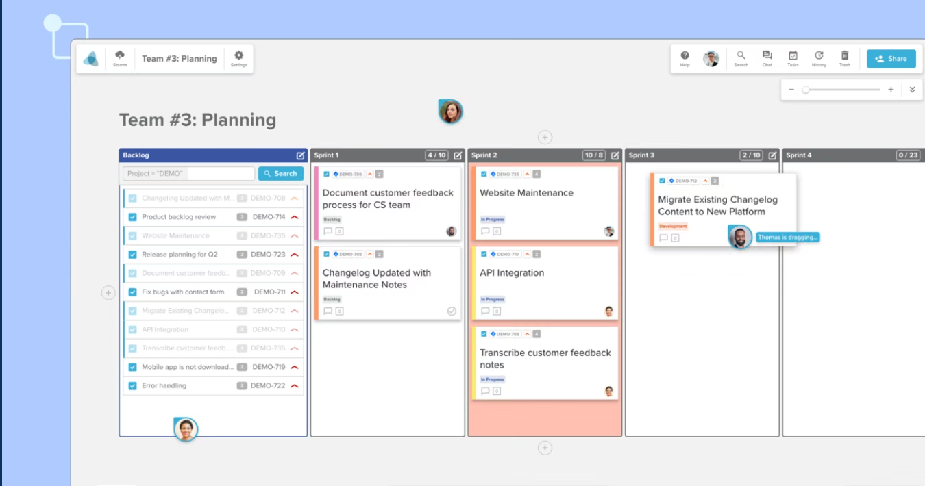 Stormboard workspace with sprint sections and sticky notes